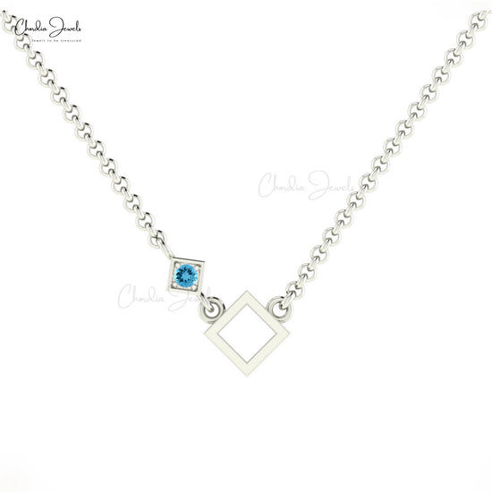 Round 2.50mm Cut 0.08 Ct December Birthstone Natural Swiss Blue Topaz Open Square Necklace 14k Solid Gold Pave Set Gemstone Fine Jewelry For Women