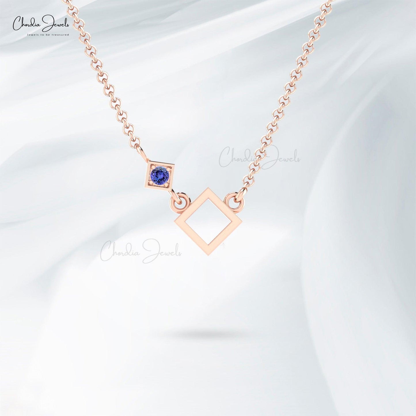 0.08 Ct Round Cut Gemstone Necklace, Genuine Tanzanite Necklace, 14K Real Gold Open Square Necklace, Lite Weight Jewelry For Anniversary Gift - Chordia Jewels
