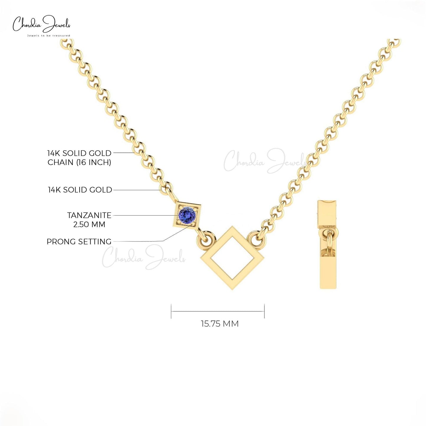 0.08 Ct Round Cut Gemstone Necklace, Genuine Tanzanite Necklace, 14K Real Gold Open Square Necklace, Lite Weight Jewelry For Anniversary Gift - Chordia Jewels