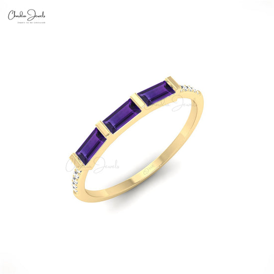 Three Stone Stackable Band With 4x2mm Amethyst And Diamond Promise Ring In 14k Real Gold