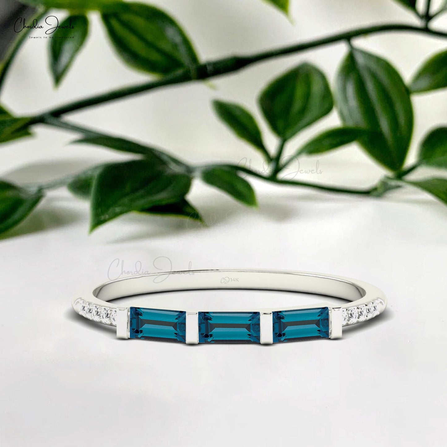 Pure 14k Gold 3 Stone Ring With 0.24 Ct London Blue Topaz Dainty Diamond Proposal Ring