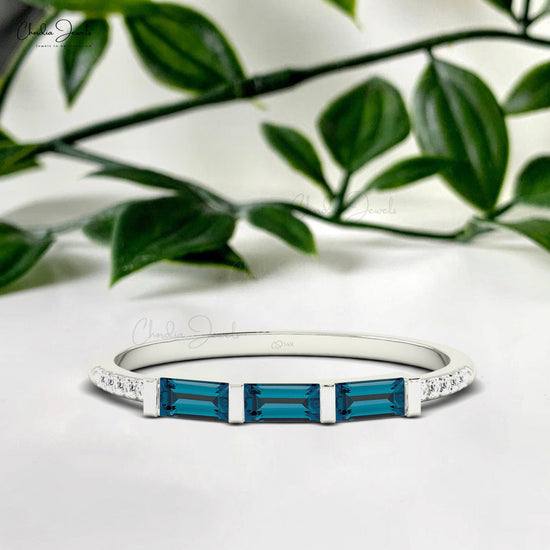 Pure 14k Gold 3 Stone Ring With 0.24 Ct London Blue Topaz Dainty Diamond Proposal Ring