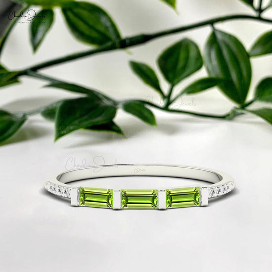 Genuine Peridot And Diamond Accent 14k Solid Gold Dainty Stackable Ring For Birthdays