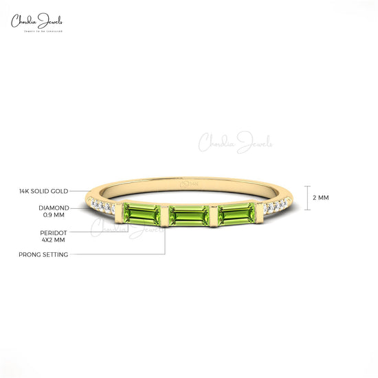 Genuine Peridot 4x2mm Baguette Gemstone And Dainty Diamond 14k Real Gold Stacking Ring