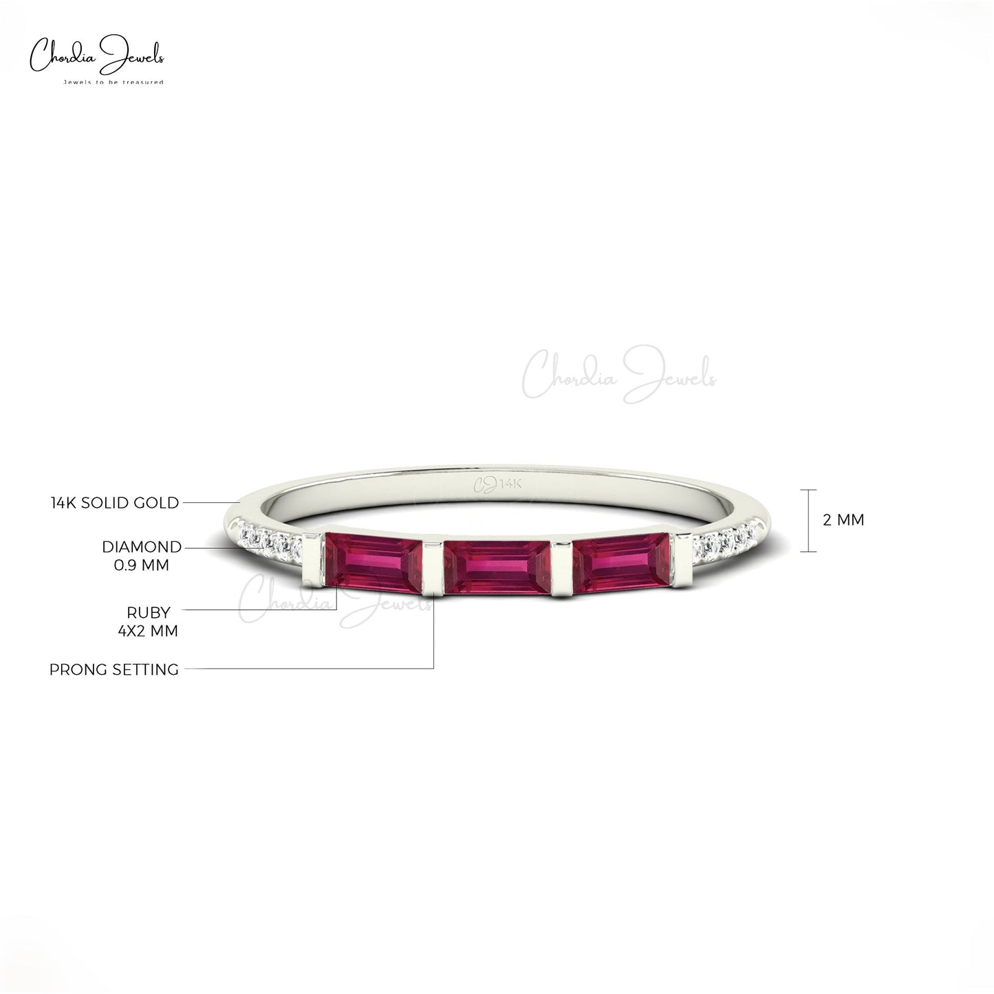 Classic Baguette Cut Ruby Dainty Stackable Ring With Diamond Accent