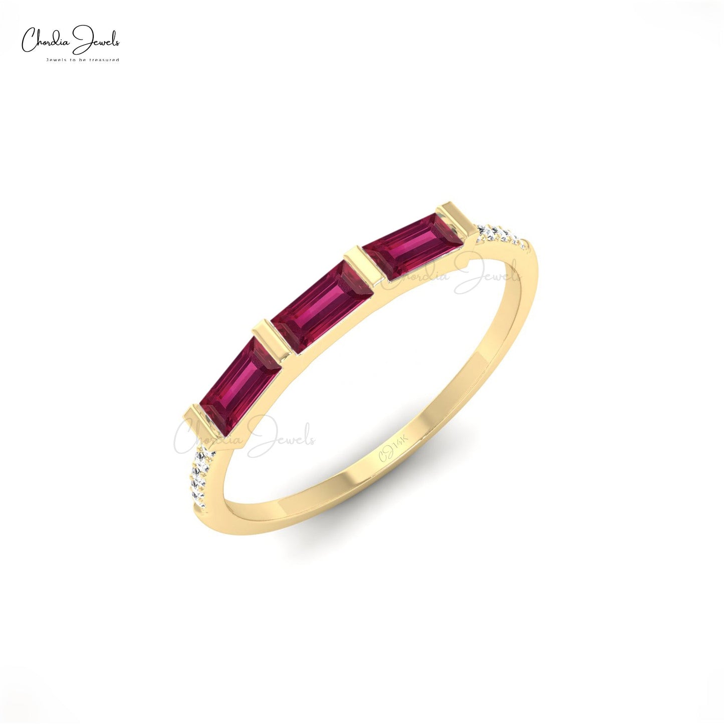 Classic Baguette Cut Ruby Dainty Stackable Ring With Diamond Accent