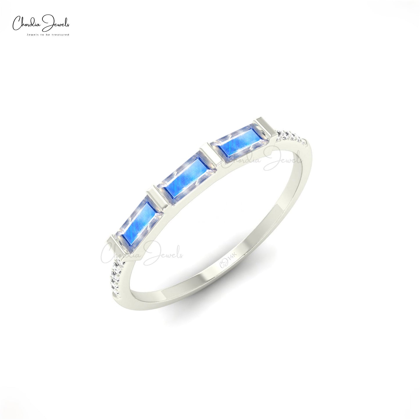 Load image into Gallery viewer, 14k Gold Natural Rainbow Moonstone and Diamond Dainty Ring for Anniversary
