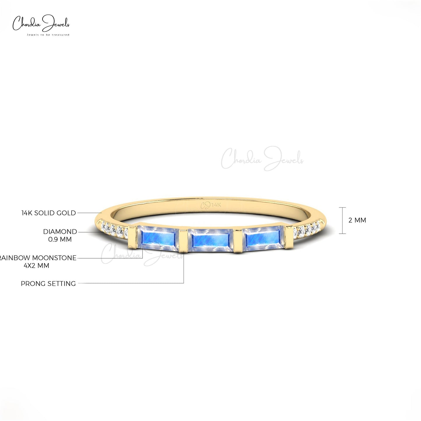 14k Gold Natural Rainbow Moonstone and Diamond Dainty Ring for Anniversary