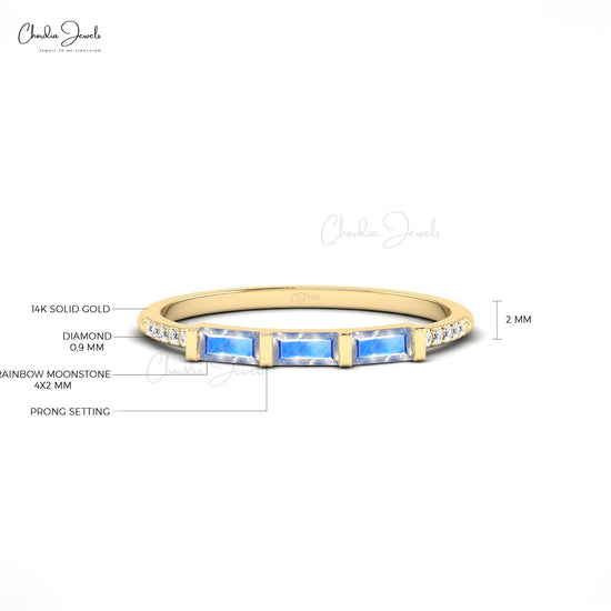 14k Gold Natural Rainbow Moonstone and Diamond Dainty Ring for Anniversary
