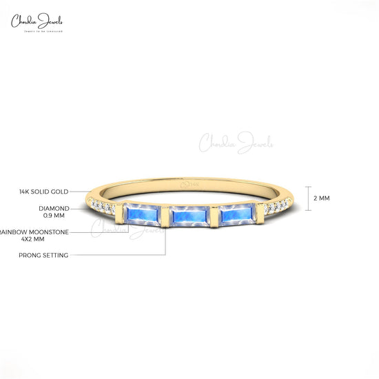 Load image into Gallery viewer, 14k Gold Natural Rainbow Moonstone and Diamond Dainty Ring for Anniversary
