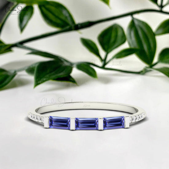 Trilogy Dainty Ring In 14k Real Gold Authentic Tanzanite & Diamond Eternity Ring For Women