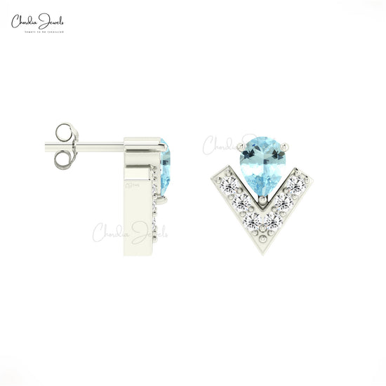 Natural Aquamarine Dainty Studs Earrings 14k Gold With White Diamond Handmade Earrings