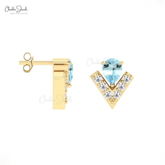 Load image into Gallery viewer, Natural Aquamarine Dainty Studs Earrings 14k Gold With White Diamond Handmade Earrings
