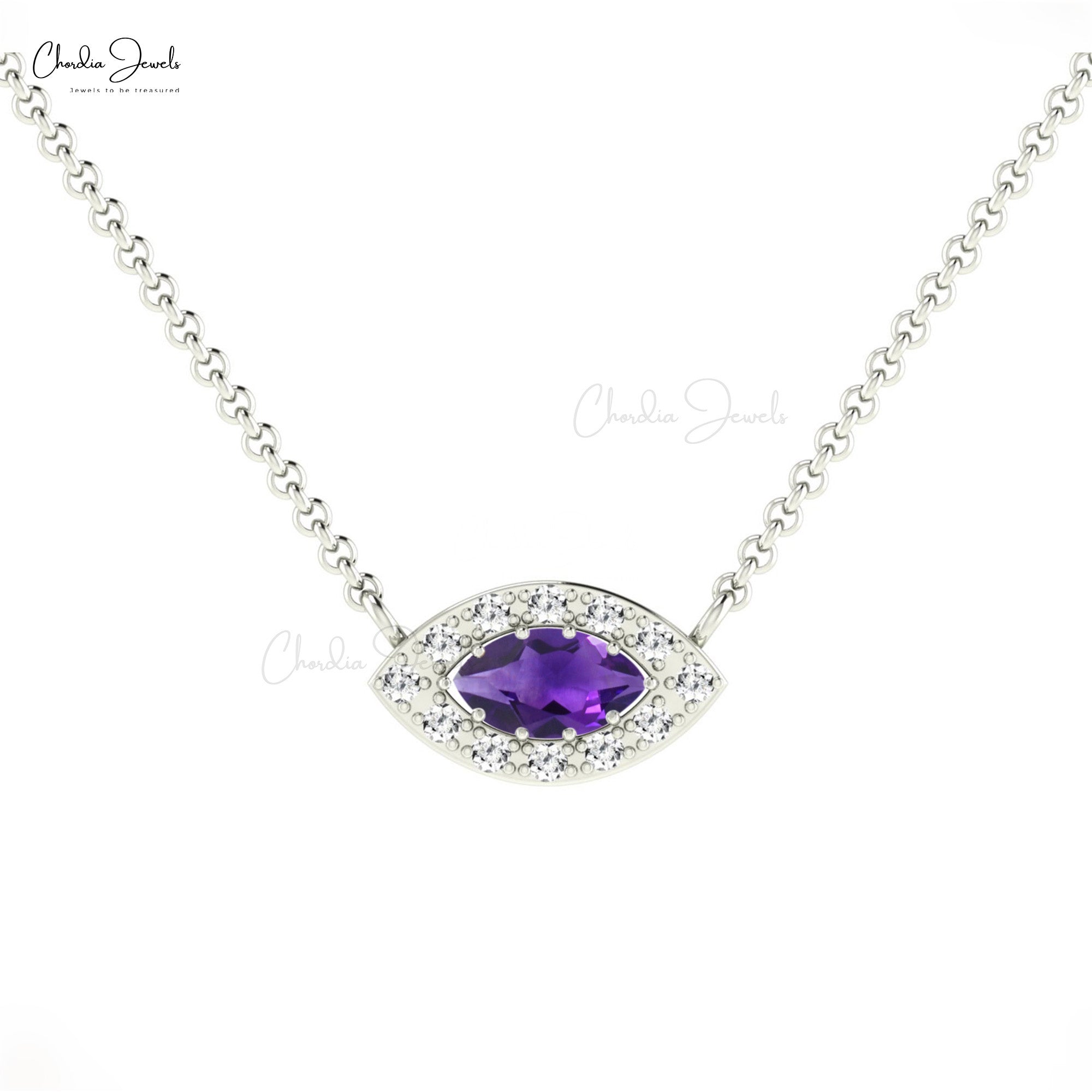 Natural Purple Amethyst Diamond Halo Necklace in 14K Gold
