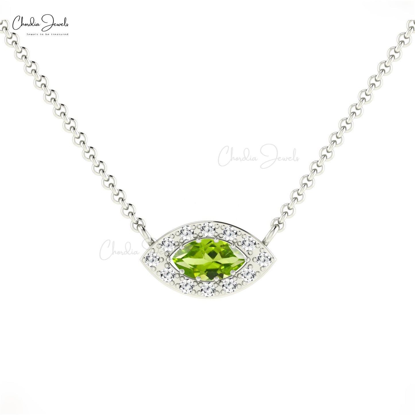 Load image into Gallery viewer, Trendy Marquise Cut Eye Shape Natural Gemstone Halo Necklace Pendant in 14k Pure Gold White Diamond and Green Peridot Necklace Hallmarked Jewelry For Her
