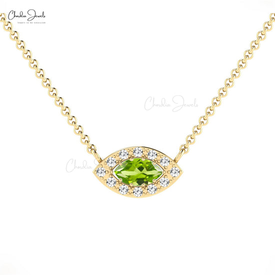 High Quality 14k Solid Gold Halo Necklace Pendant Natural White Diamond and Green Peridot Gemstone Necklace Jewelry For Gift