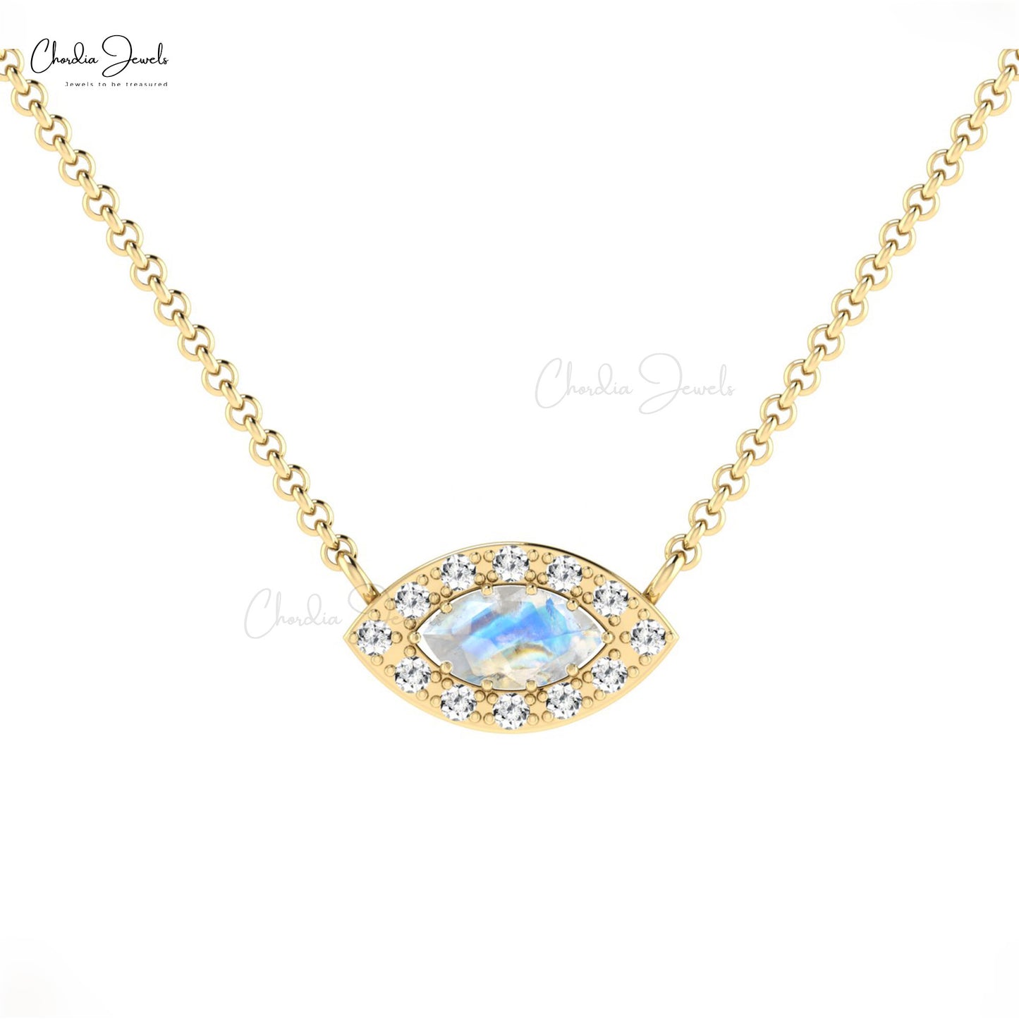 Customize Halo Style Natural White Diamond Halo Necklace Marquise Shape Rainbow Moonstone Gemstone Necklace Pendant 14k Pure Gold Dainty Jewelry For Gift