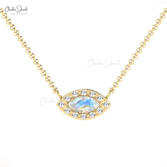 Customize Halo Style Natural White Diamond Halo Necklace Marquise Shape Rainbow Moonstone Gemstone Necklace Pendant 14k Pure Gold Dainty Jewelry For Gift
