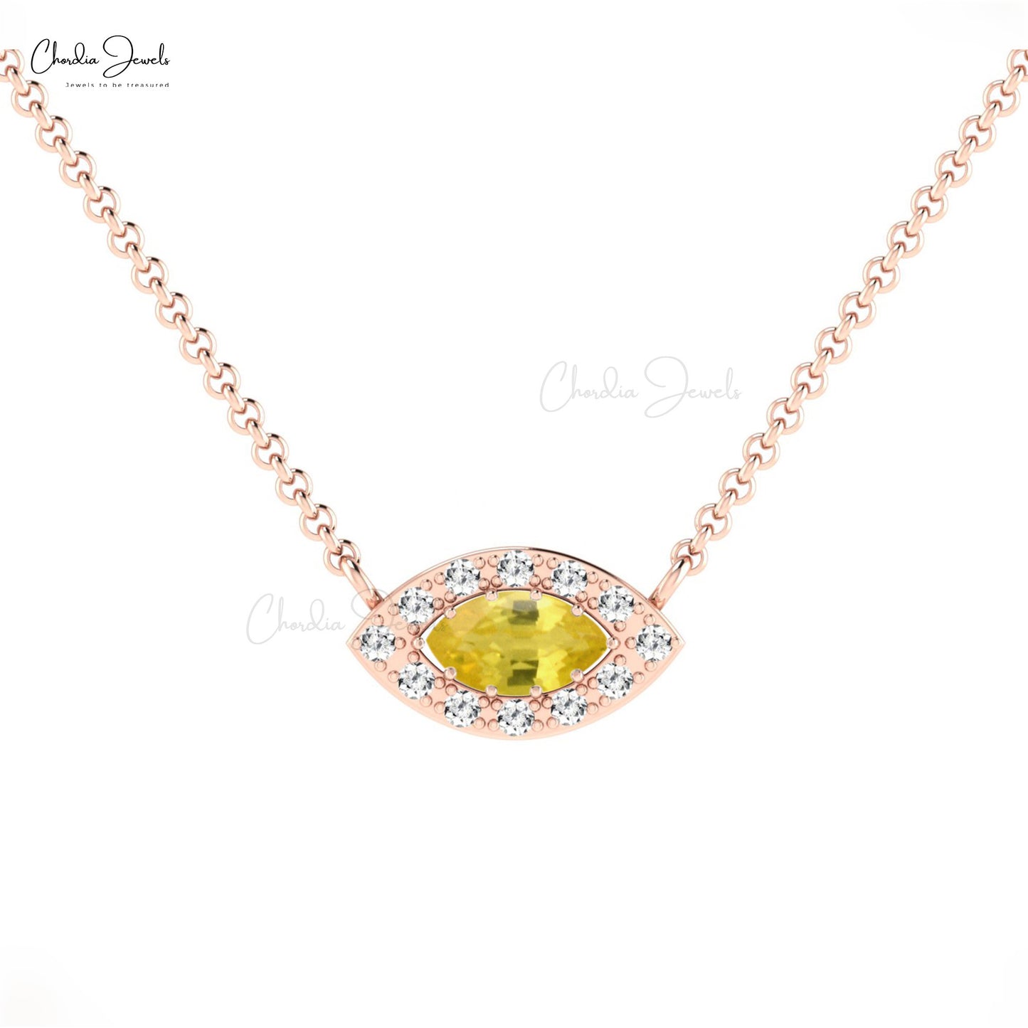 Diamond Halo Necklace With 0.20 Ct Yellow Sapphire Prong Set In 14k Solid Gold Necklace