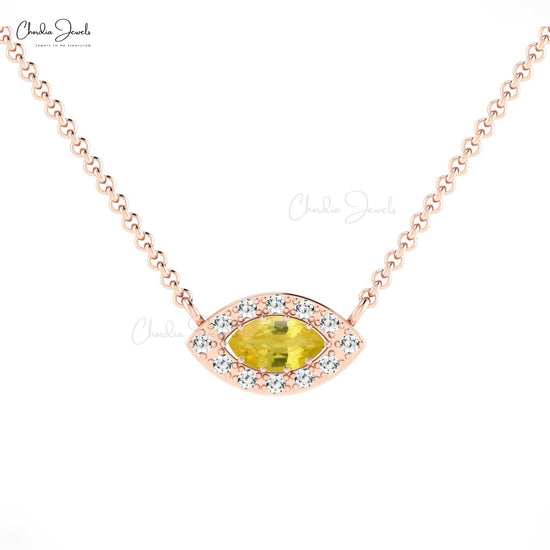 Diamond Halo Necklace With 0.20 Ct Yellow Sapphire Prong Set In 14k Solid Gold Necklace