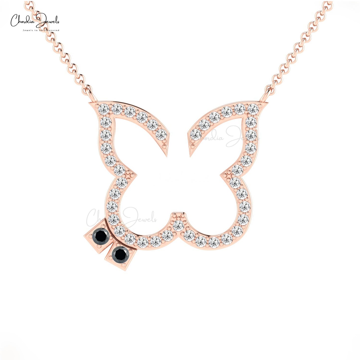 Classical Real 14k Gold Butterfly Necklace Natural White Diamond and Black Diamond Dainty Necklace Pendant Hallmarked Jewelry For Birthday Gift