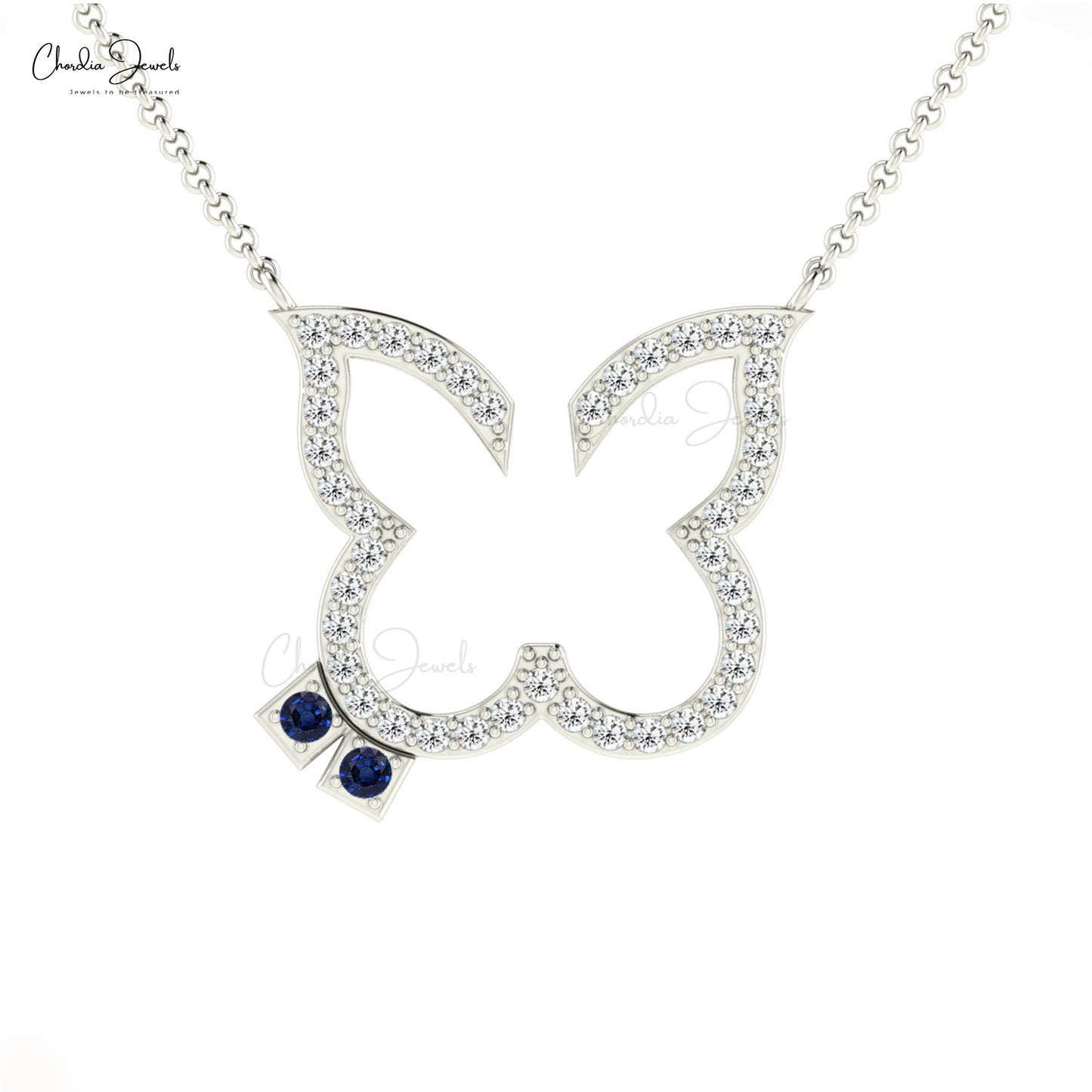 Fashion Design Butterfly Charms Necklace Genuine White Diamond and Blue Sapphire Gemstone Dainty Necklace Pendant in 14k Pure Gold Gift For Her