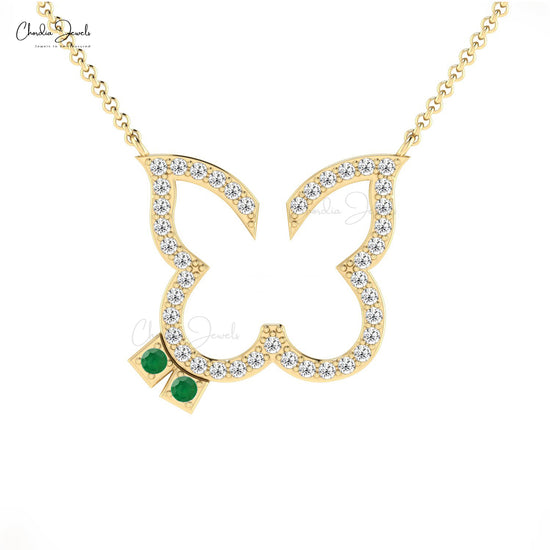 Personalized Natural White Diamond Butterfly Necklace Pendant May Birthstone Green Emerald Gemstone Necklace in 14k Real Gold Jewelry For Gift