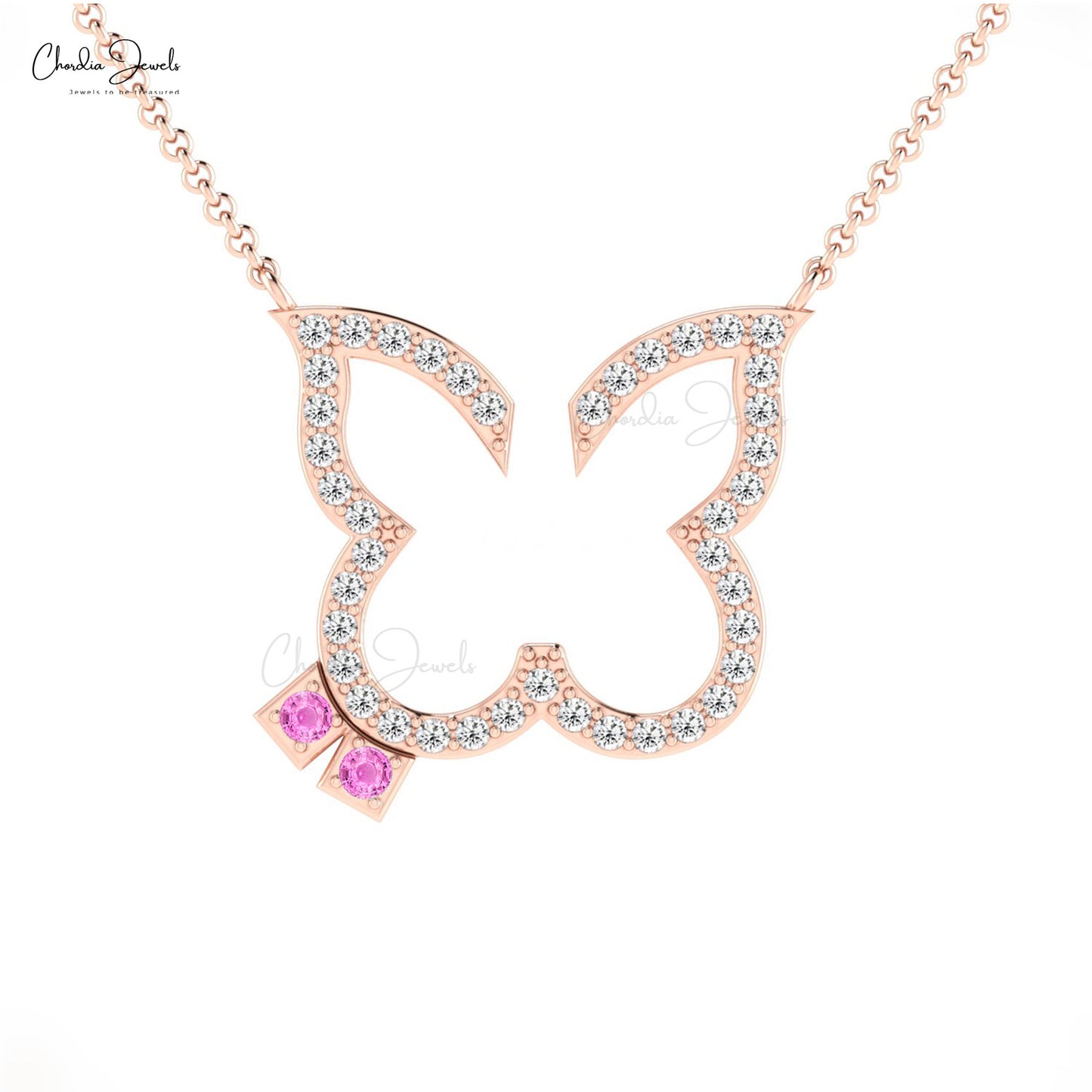Load image into Gallery viewer, High Quality 1.5mm Round Shape Natural Pink Sapphire Butterfly Necklace Pendant 14k Solid Gold Diamond Necklace Valentine&amp;#39;s Day Gift For Love Ones

