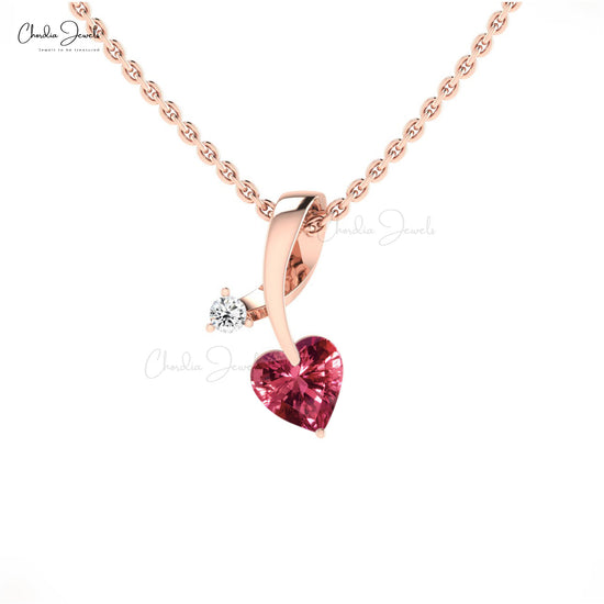 AAA Pink Tourmaline 5mm Heart Cut Pendant 14k Solid Gold Diamond Pendant For Her