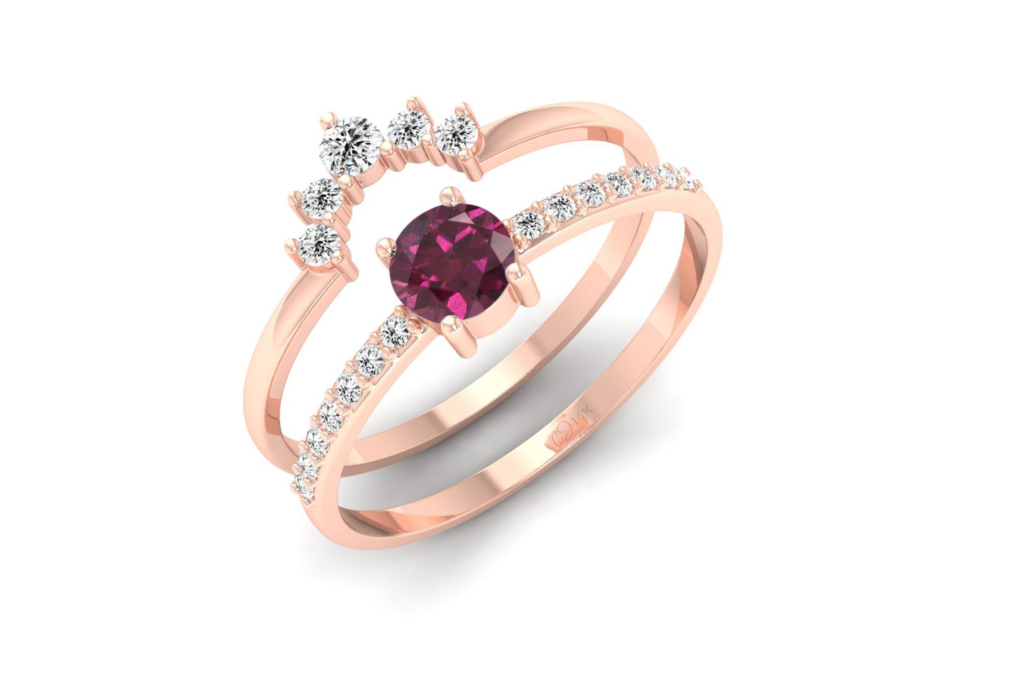 Round 4mm Cut January Birthstone Genuine Rhodolite Garnet Stackable Ring 14k Solid Gold 0.20 Ct White Diamond Fine Jewelry For Anniversary Gift