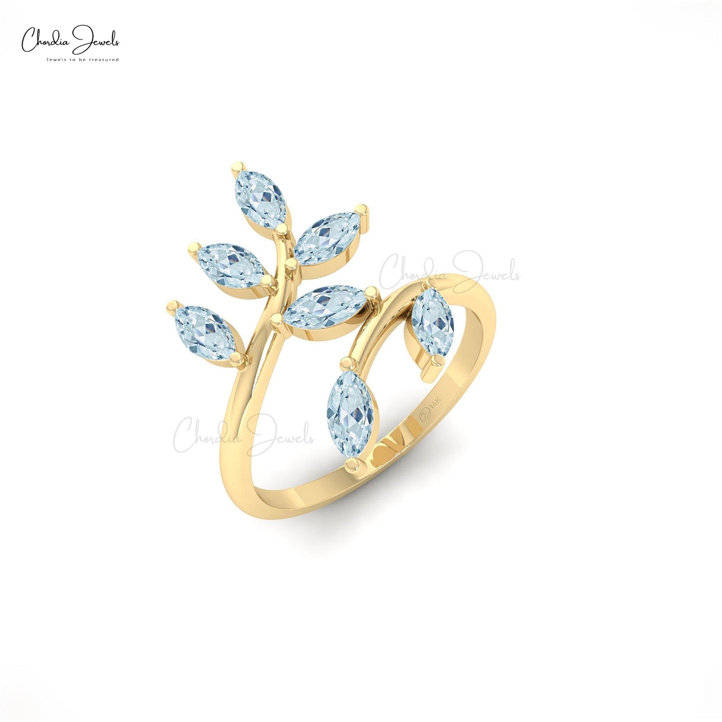 Unique Aquamarine Leaf Engagement Ring 14k Solid Gold