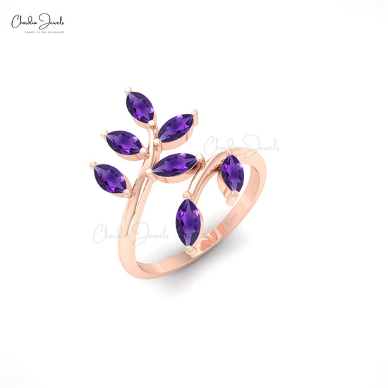 Natural Amethyst Gemstone Prong Set Ring 14k Solid Gold Leafy Open Band Anniversary Ring