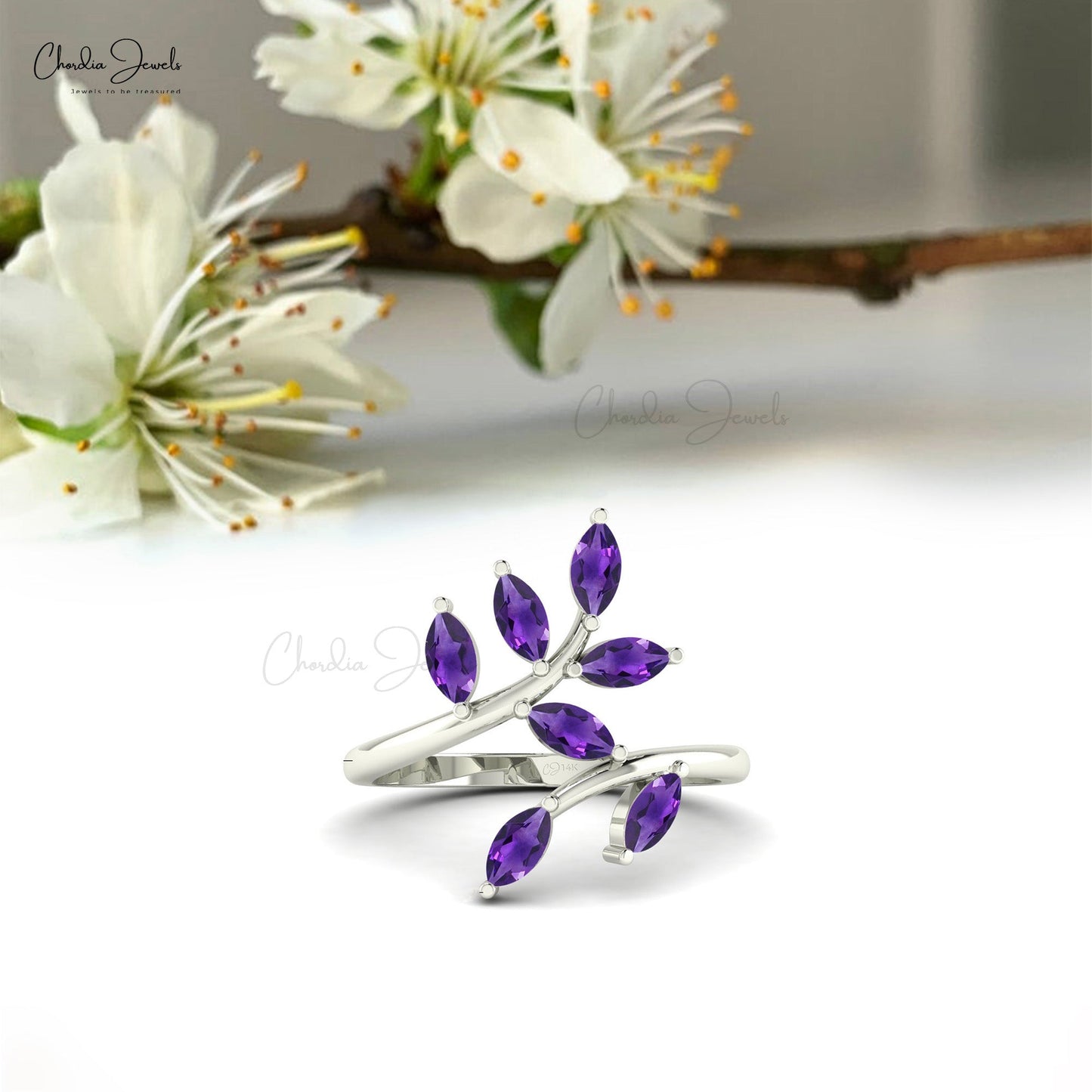 Natural Amethyst Gemstone Prong Set Ring 14k Solid Gold Leafy Open Band Anniversary Ring