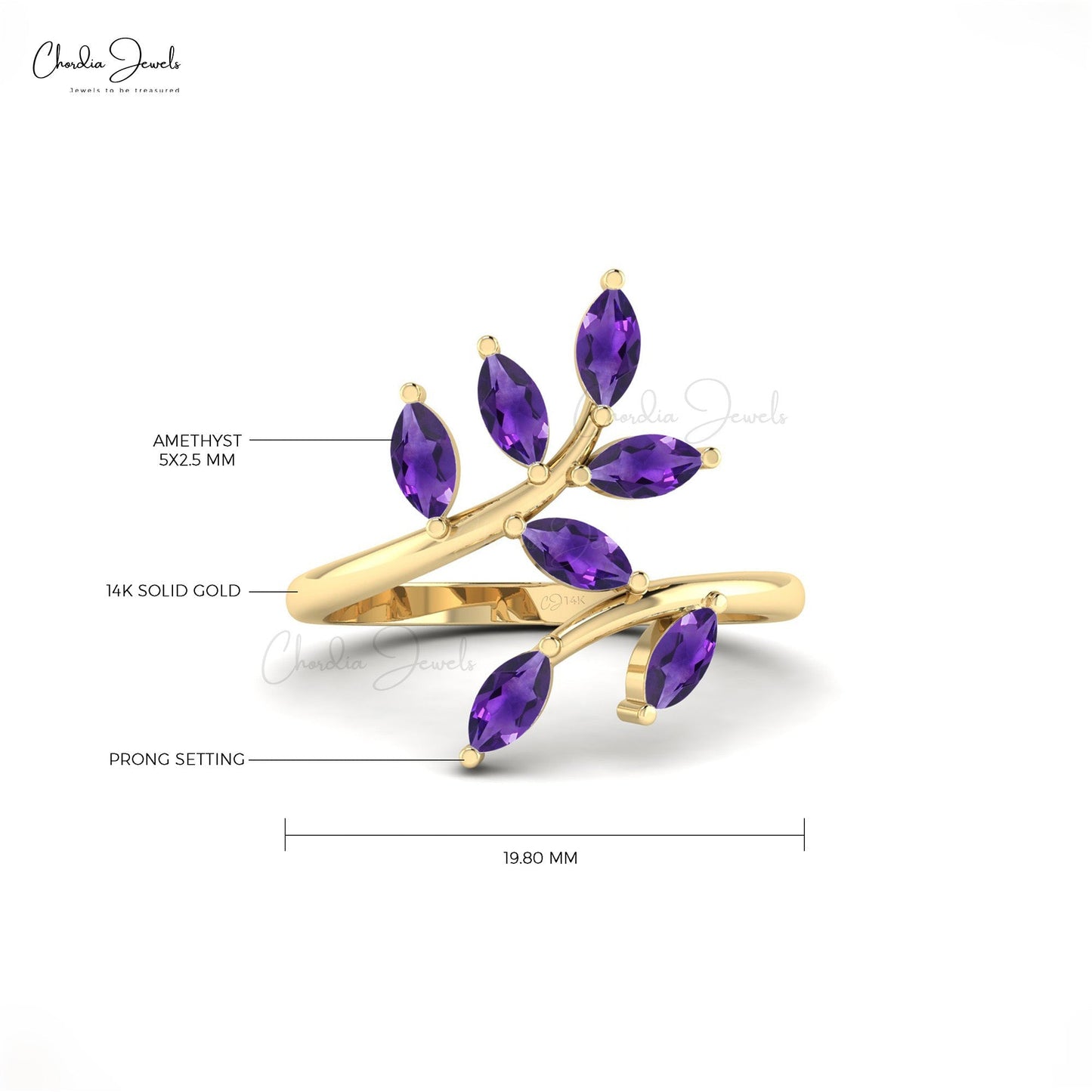 Natural Amethyst Gemstone Prong Set Ring 14k Solid Gold Leafy Open Band Anniversary Ring