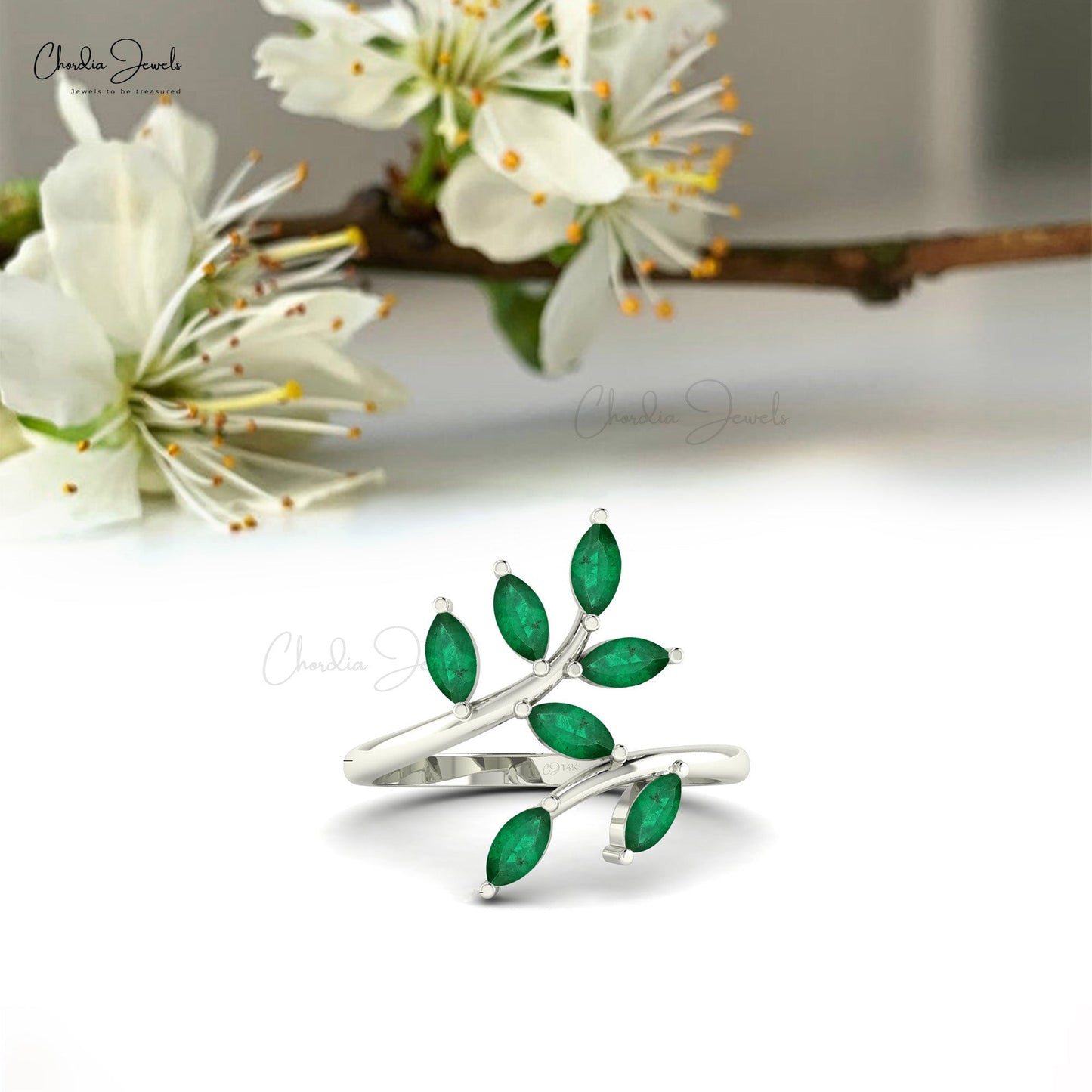 Seven Stone Leaf Ring In 14k Real Gold Natural Emerald Gemstone Delicate Ring For Love