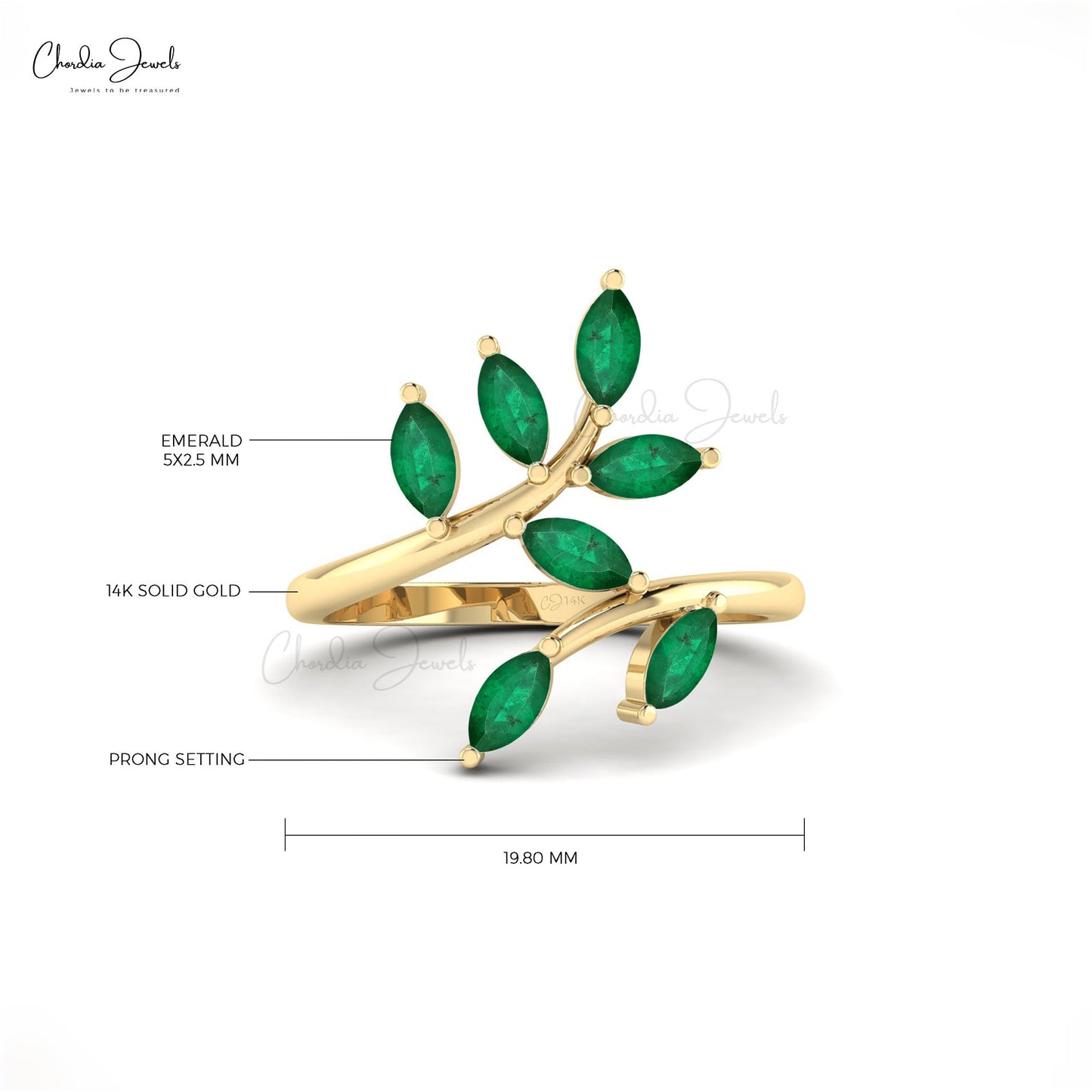 Seven Stone Leaf Ring In 14k Real Gold Natural Emerald Gemstone Delicate Ring For Love