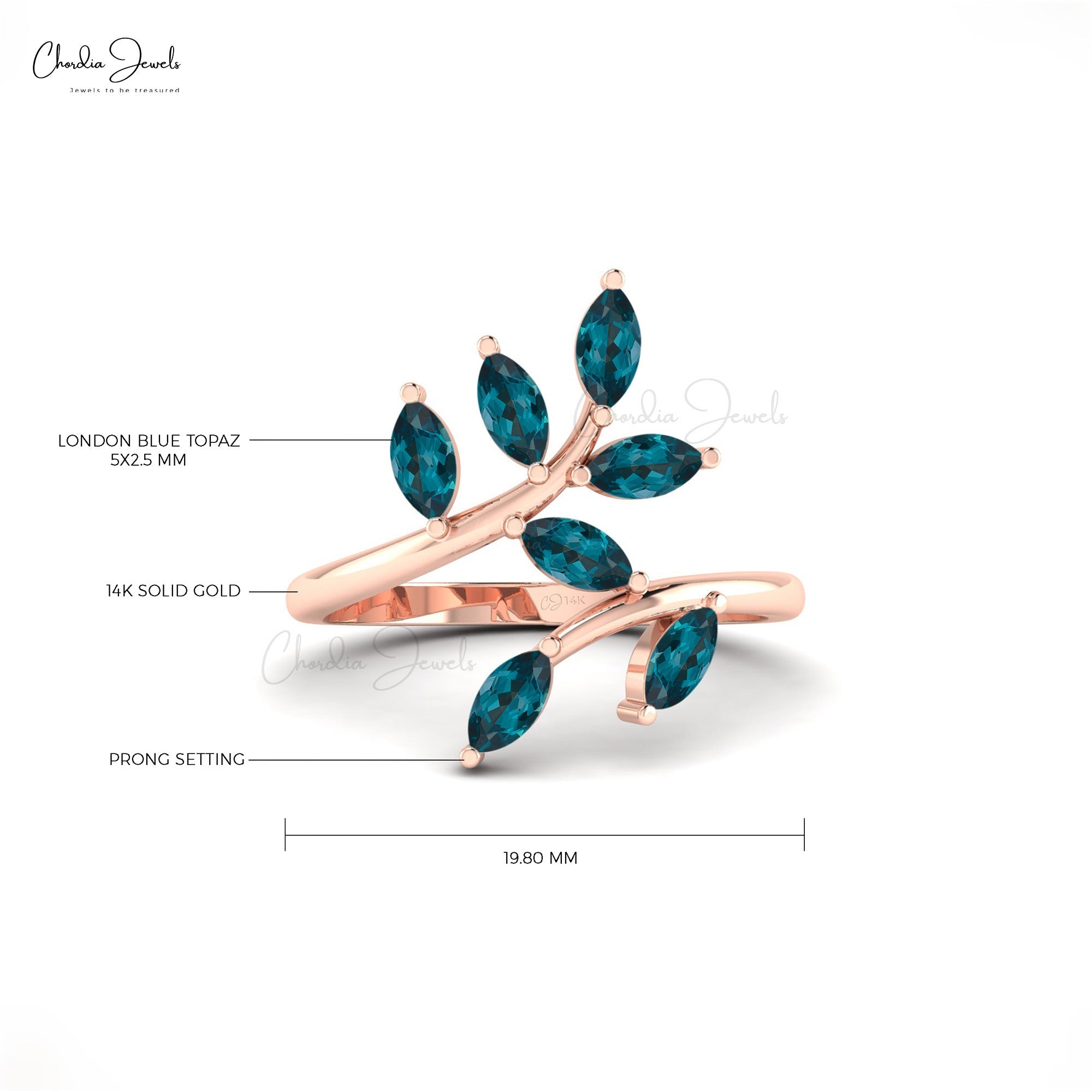 Solid 14k Gold Seven Stone Ring With London Blue Topaz Gemston