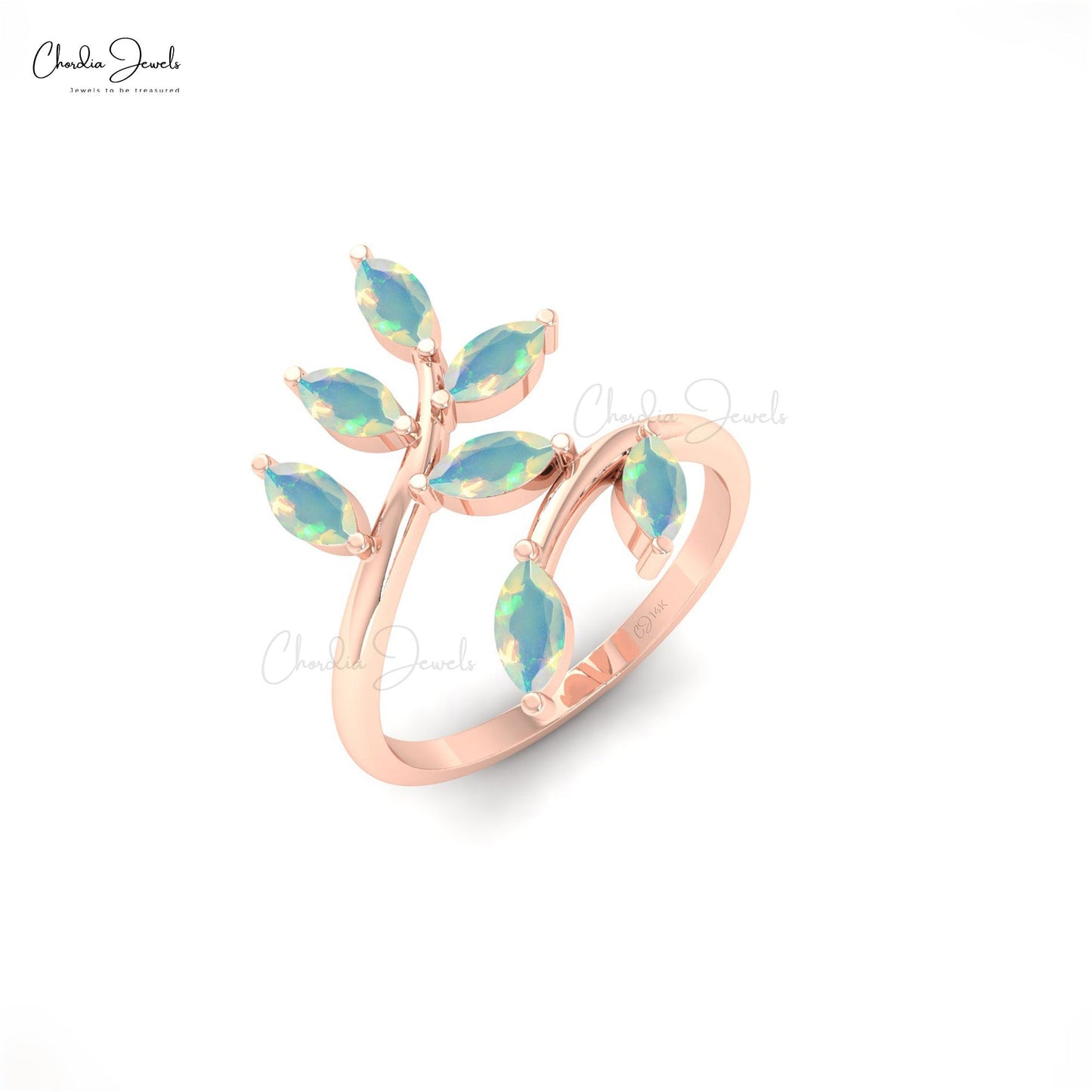 Marquise Leaf Ring With Opal Gemstones In 14k Solid Gold