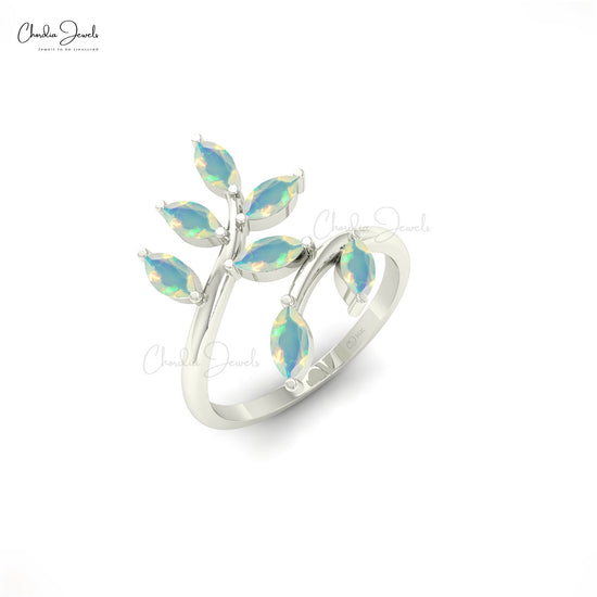 Marquise Leaf Ring With Opal Gemstones In 14k Solid Gold