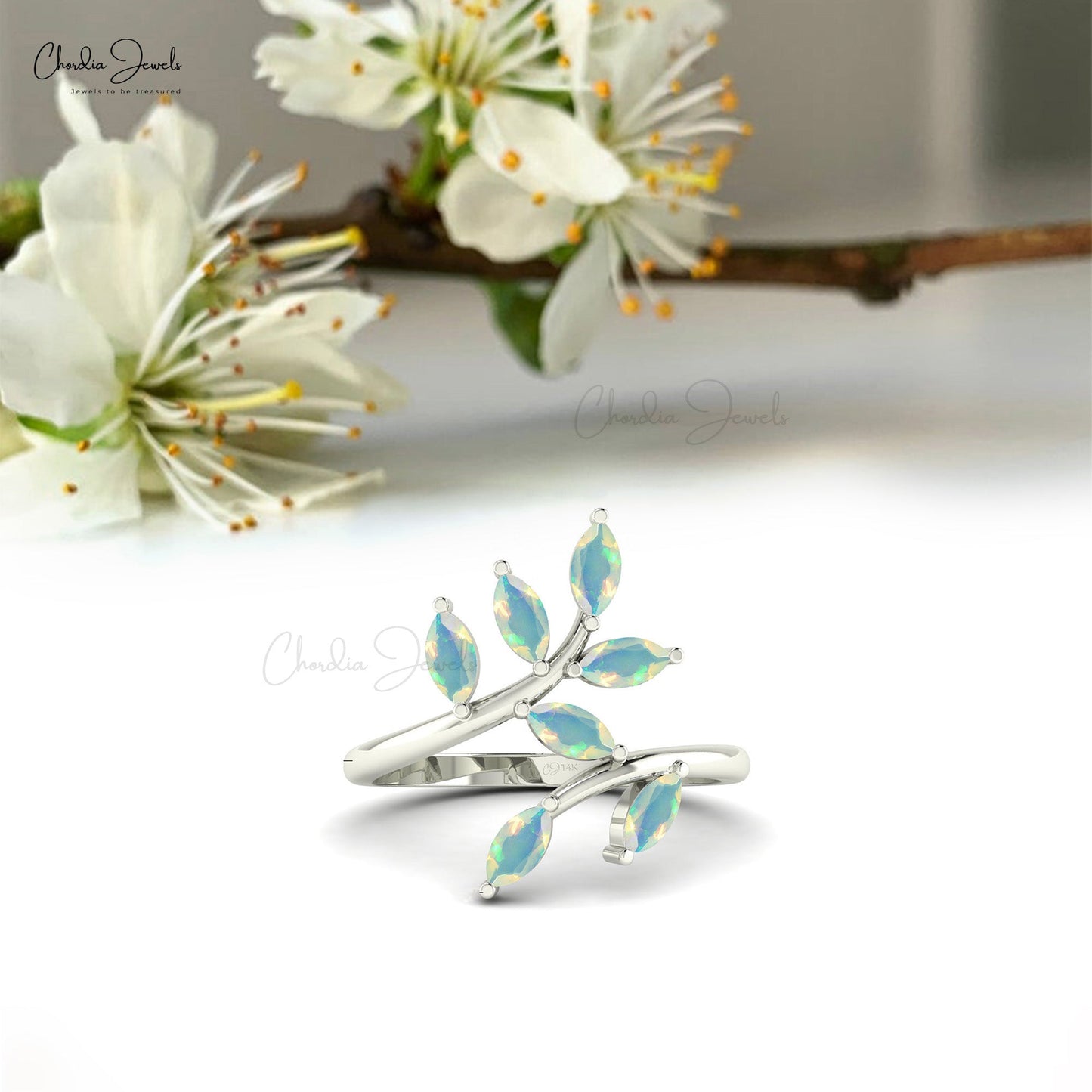 Leafy Style Marquise Cut Ring With 1.19 Ct Fire Opal 7 Stone Ring In 14k Real Gold