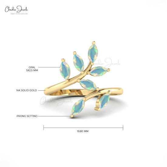 Marquise Leaf Ring With Opal Gemstones In 14k Solid Gold