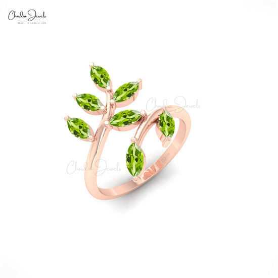 7 Stone Natural Marquise Shape Peridot 14k Gold Leaf Ring
