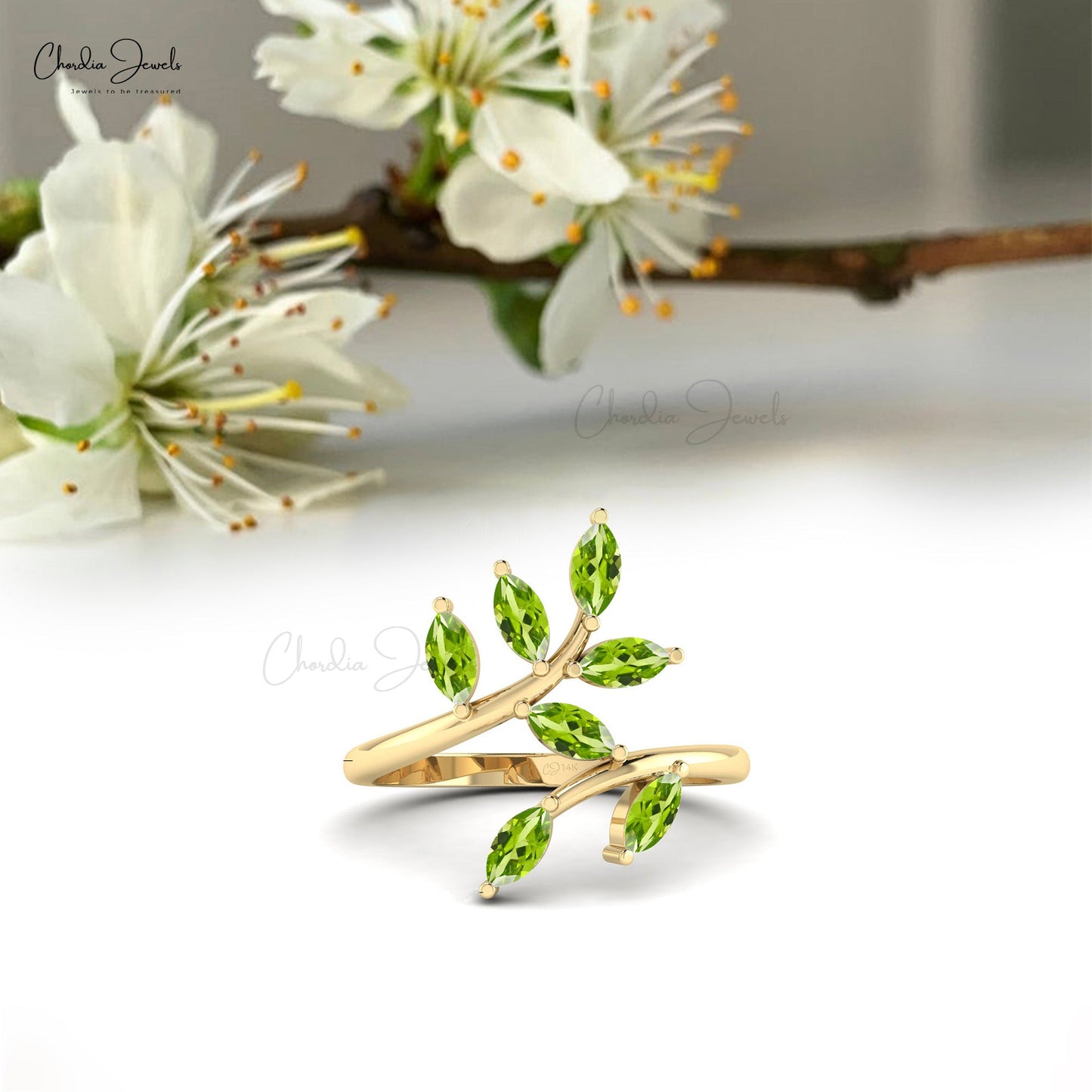 Marquise Gemstone Ring in 14k Real Gold Green Peridot 7 Stone Prong Set Ring