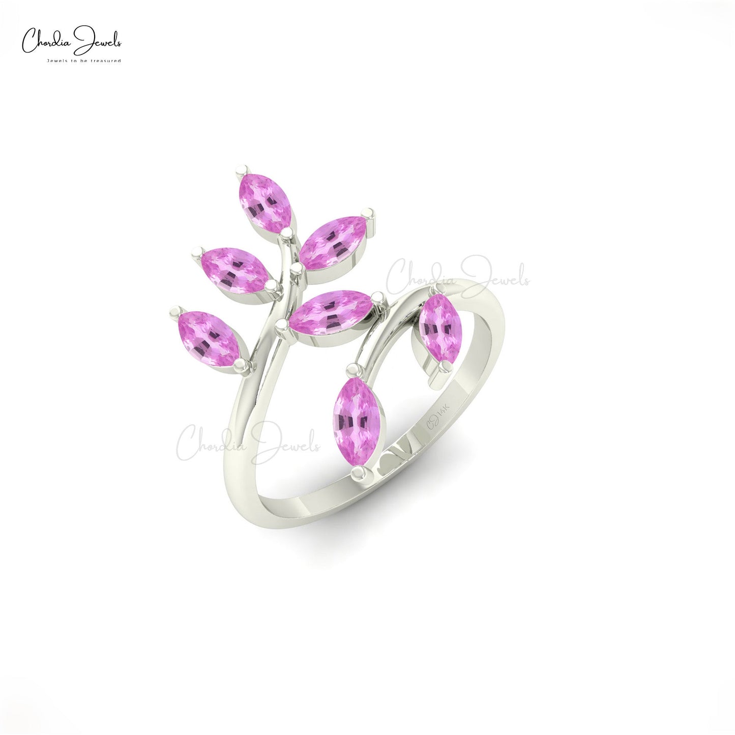 Nature-Inspired 14k Gold Pink Sapphire Leaf Ring