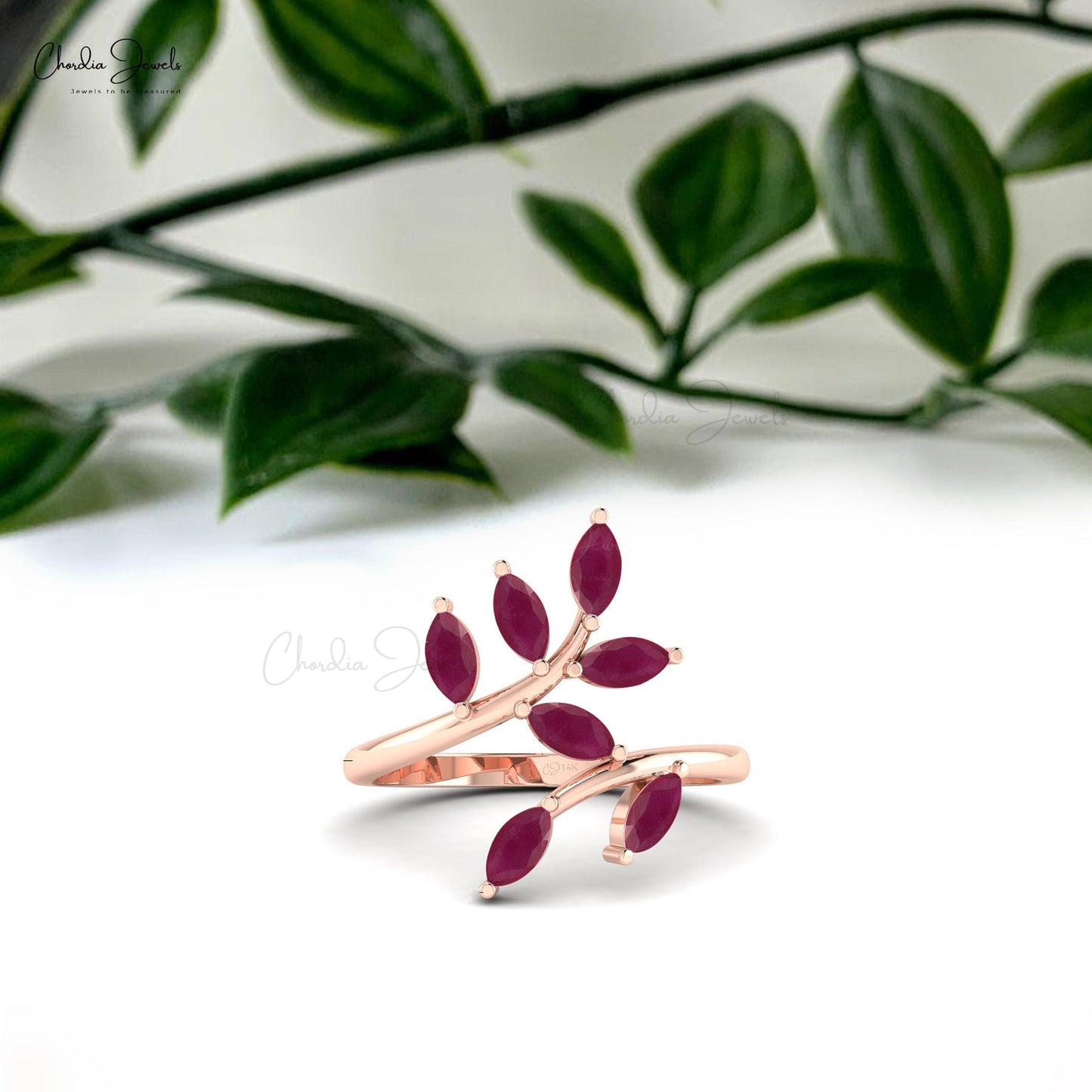 Beautiful Leaf Design Ruby Wedding Ring In 14k Gold