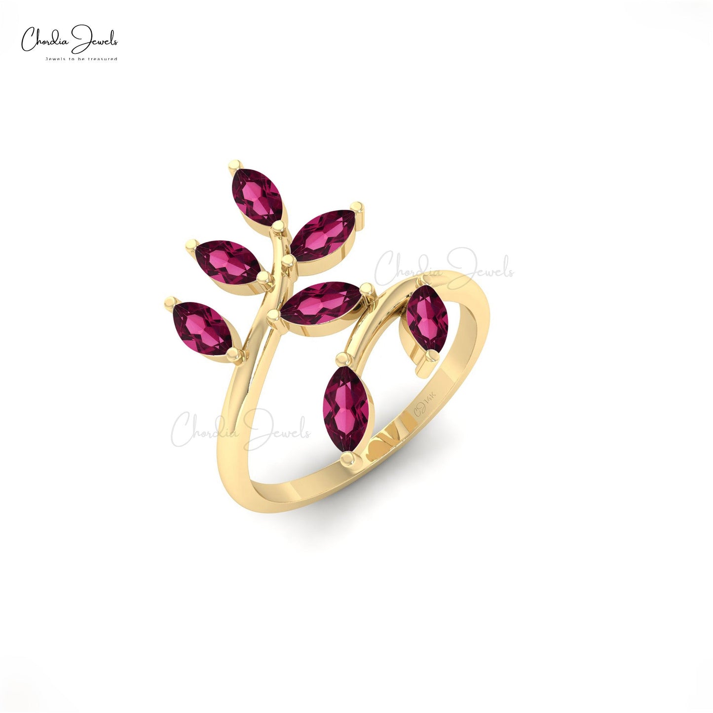 Natural Rhodolite Garnet Leaf Ring In Solid 14k Gold Seven Stone Hallmarked Women Jewelry