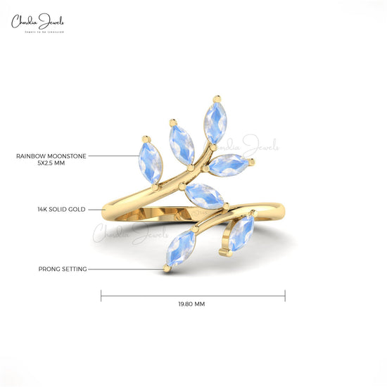 Leaf Design 5x2.5mm Marquise Cut Rainbow Moonstone Wedding Ring