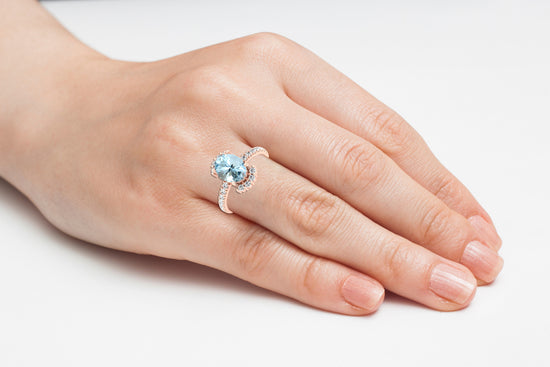 Pave Set 0.33 Ct White Diamond Half Halo Anniversary Ring 8x6mm Oval Cut Authentic Sky Blue Aquamarine Gemstone Jewelry For Women