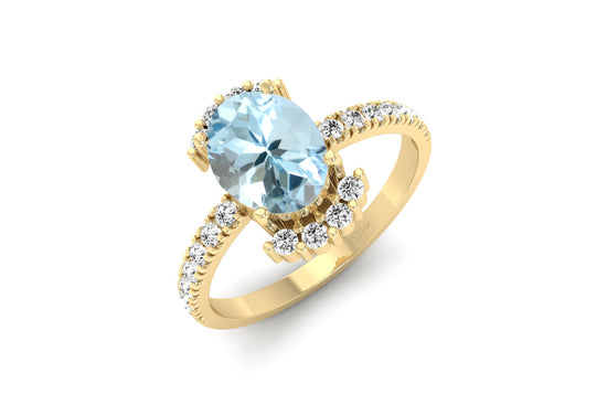 Pave Set 0.33 Ct White Diamond Half Halo Anniversary Ring 8x6mm Oval Cut Authentic Sky Blue Aquamarine Gemstone Jewelry For Women