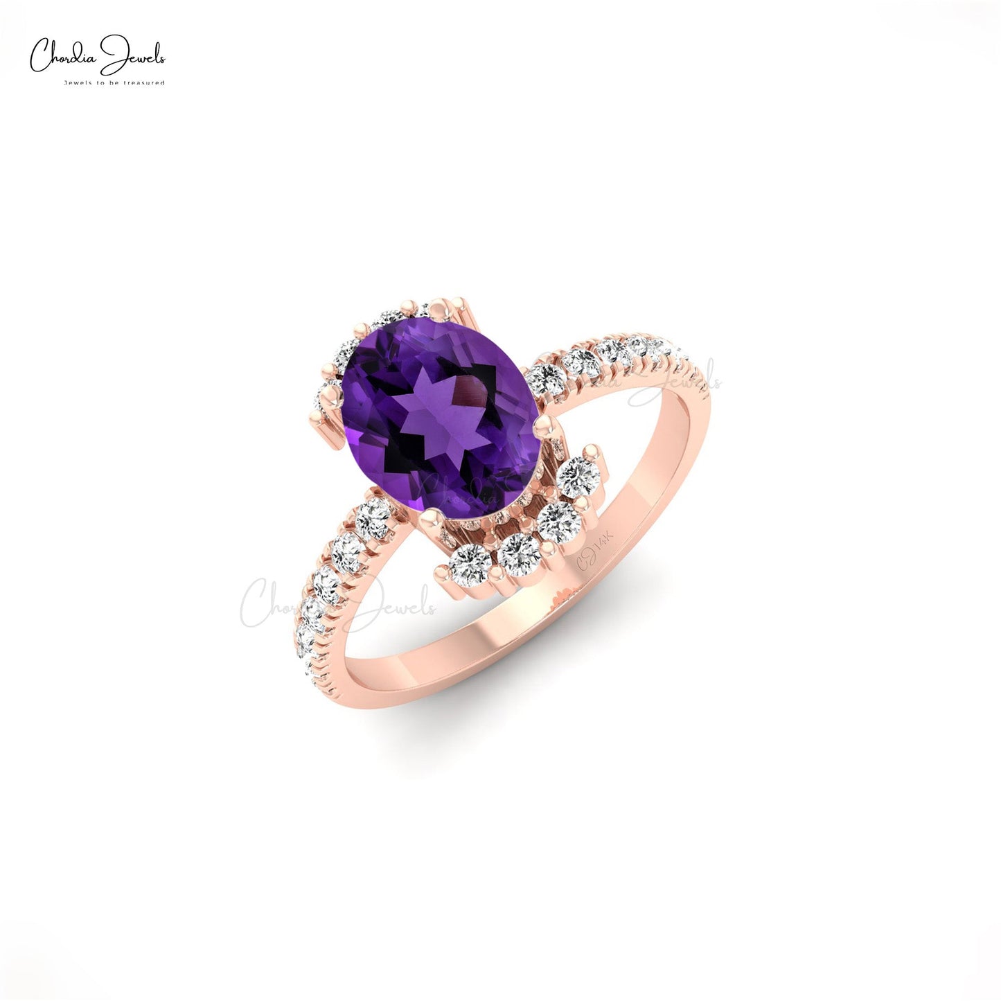 Natural 1.34ct Amethyst Gemstone Dainty Ring 14k Solid Gold Diamond Half-Halo Engagement Ring